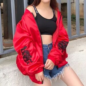 South Korean red small bomber jacket embroiled dragons